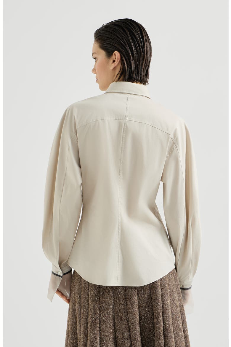 Stretch cotton poplin shirt with shiny silk cuffs, Alternate, color, Ivory