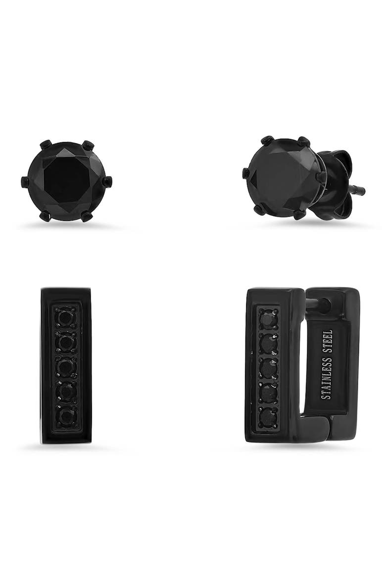 Set of 2 Black Crystal Stud & Huggie Hoop Earrings, Main, color, BLACK