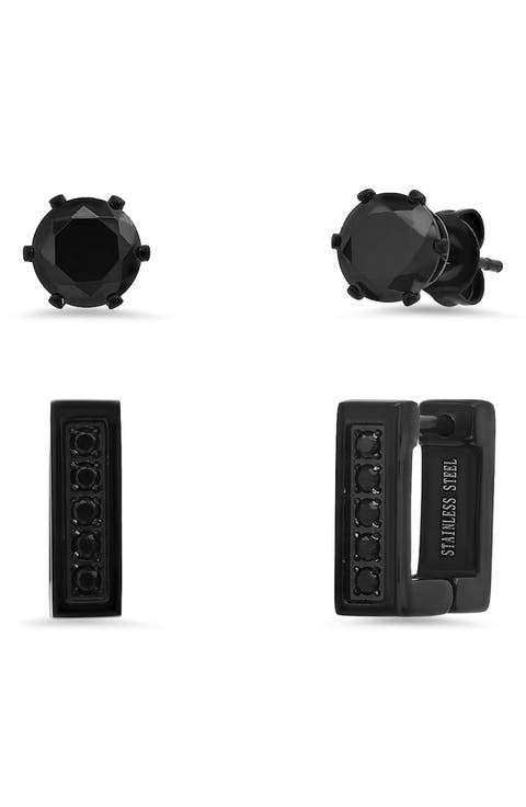 Set of 2 Black Crystal Stud & Huggie Hoop Earrings
