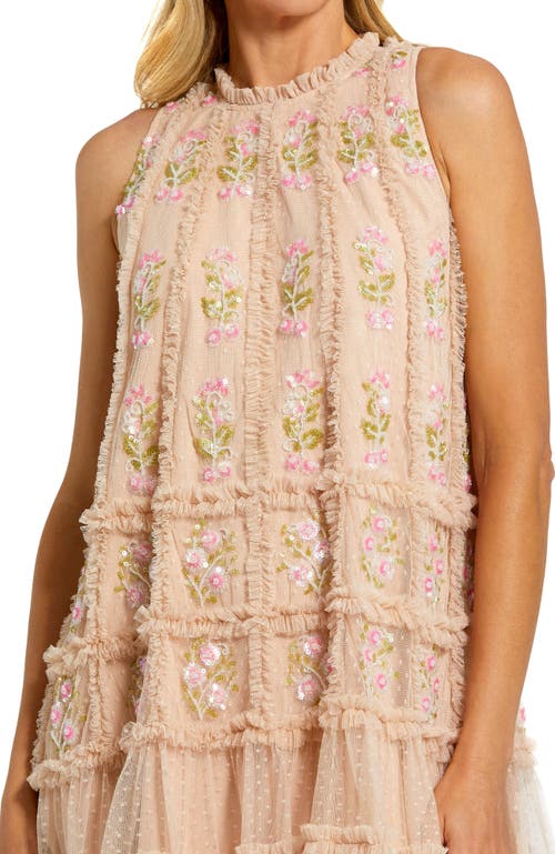 Mac Duggal Sleeveless High Neck Beaded Ruffle Trapeze Dress In Nude Multi