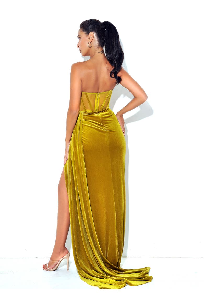 Priyaa High Slit Draping Corset Evening Gown, Alternate, color, Gold