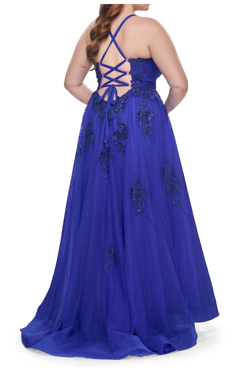 La Femme A-Line Tulle Plus Dress with Lace Applique and Tie Back, Alternate, color, Royal Blue
