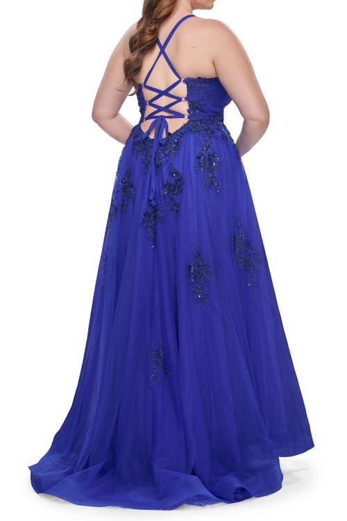 La Femme A-line Tulle Plus Dress With Lace Applique And Tie Back