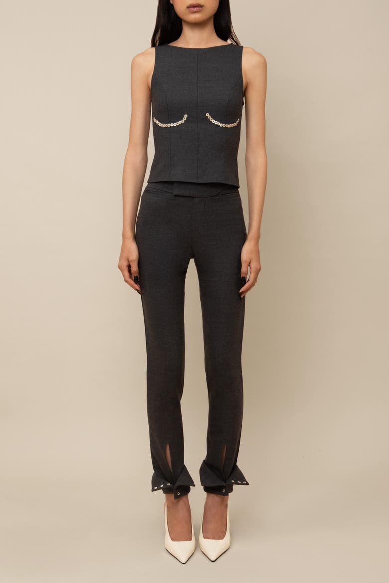 Cora Elegant Textured Twill Boatneck with Shell Buttons Top, Alternate, color, Charcoal