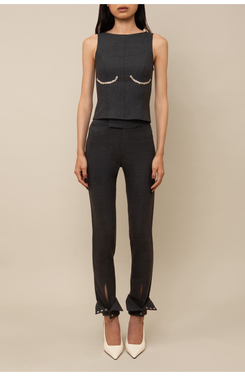 Contessa Mills Cora Elegant Textured Twill Boatneck with Shell Buttons Top, Alternate, color, Charcoal