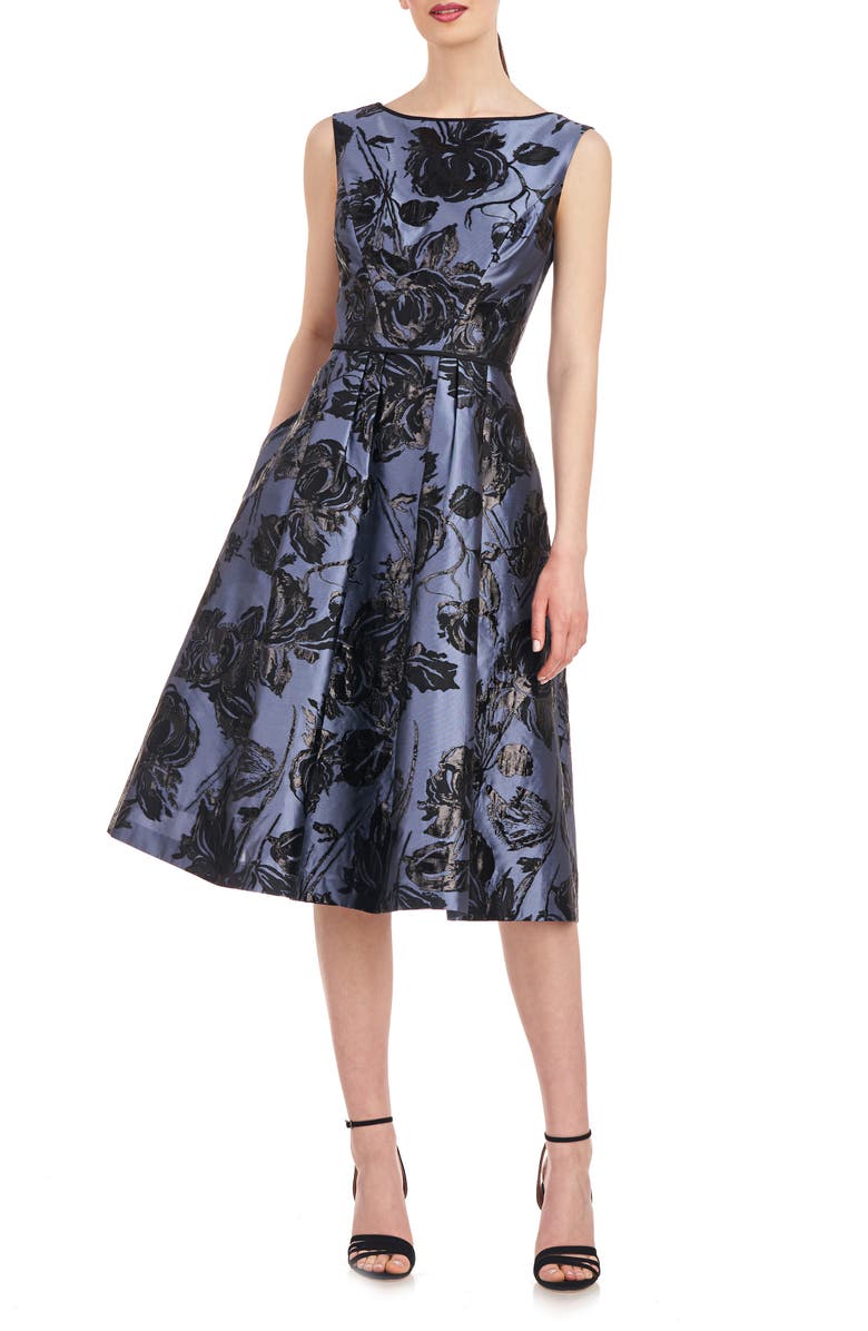 Kay Unger Jackie Floral Jacquard Sleeveless Midi Dress, Main, color, 