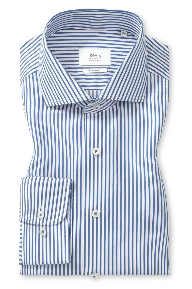 Modern Fit Pique Stripe Button Front Shirt, Alternate, color, BLUE