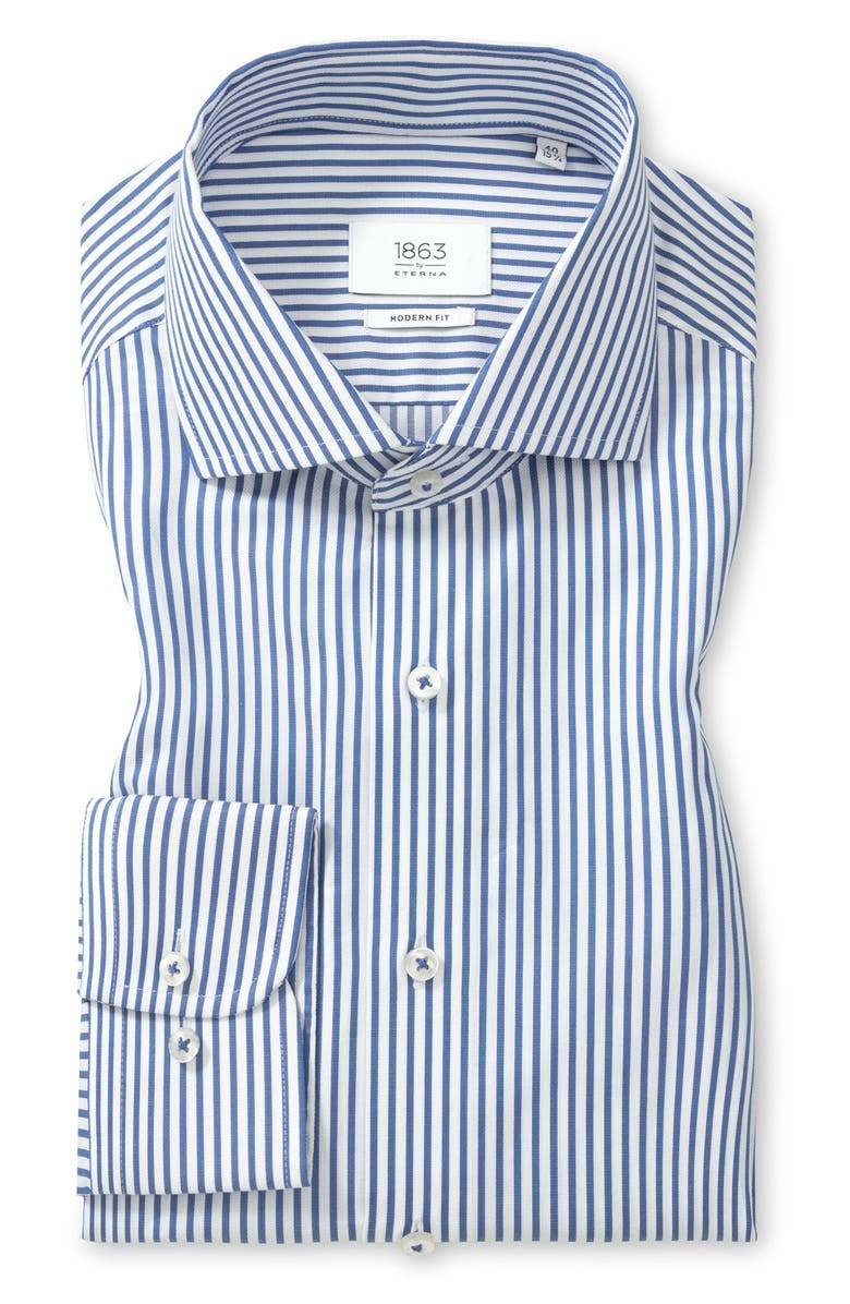 Eterna Modern Fit Pique Stripe Button Front Shirt, Main, color, Blue