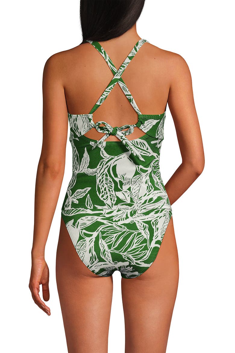 Shine Ribbed Tankini Top and High Waisted Bottom Swimsuit Set, Alternate, color, Green Etched Leaves Shine