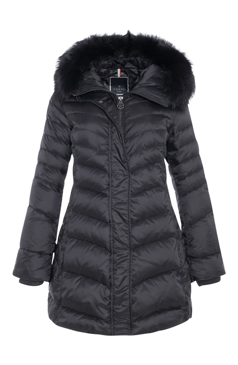 GORSKI Apres-Ski Chevron Long Parka with Detachable Toscana Lamb Hood Trim, Alternate, color, Black/Black