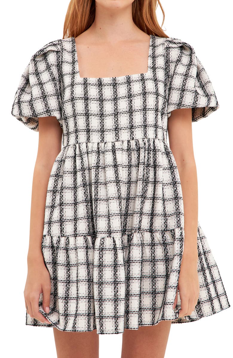 English Factory Gingham Puff Sleeve Tweed Minidress, Alternate, color, White