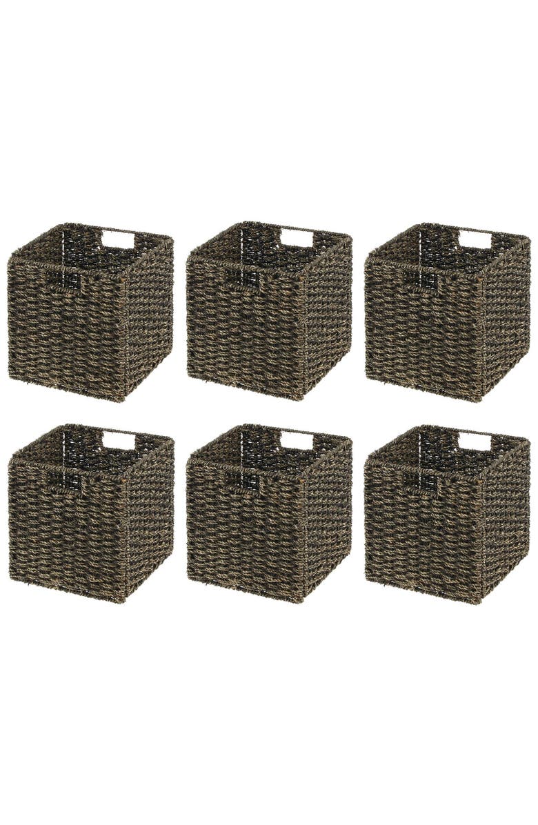 mDesign Seagrass Woven Cube Bin Basket Organizer, Handles, 6 Pack, Main, color, Black Wash