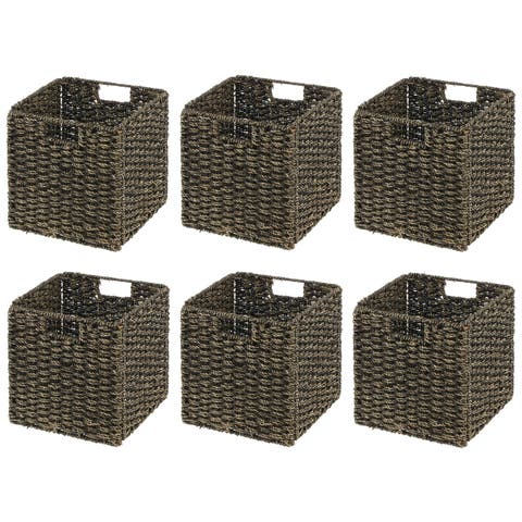 Seagrass Woven Cube Bin Basket Organizer, Handles, 6 Pack