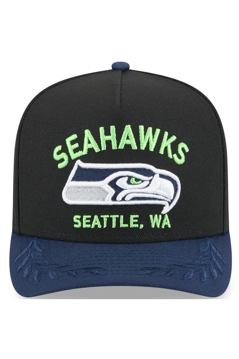 Men's New Era  Black/College Navy Seattle Seahawks 2025 NFL Draft A-Frame 9FIFTY Snapback Hat, Alternate, color, Black