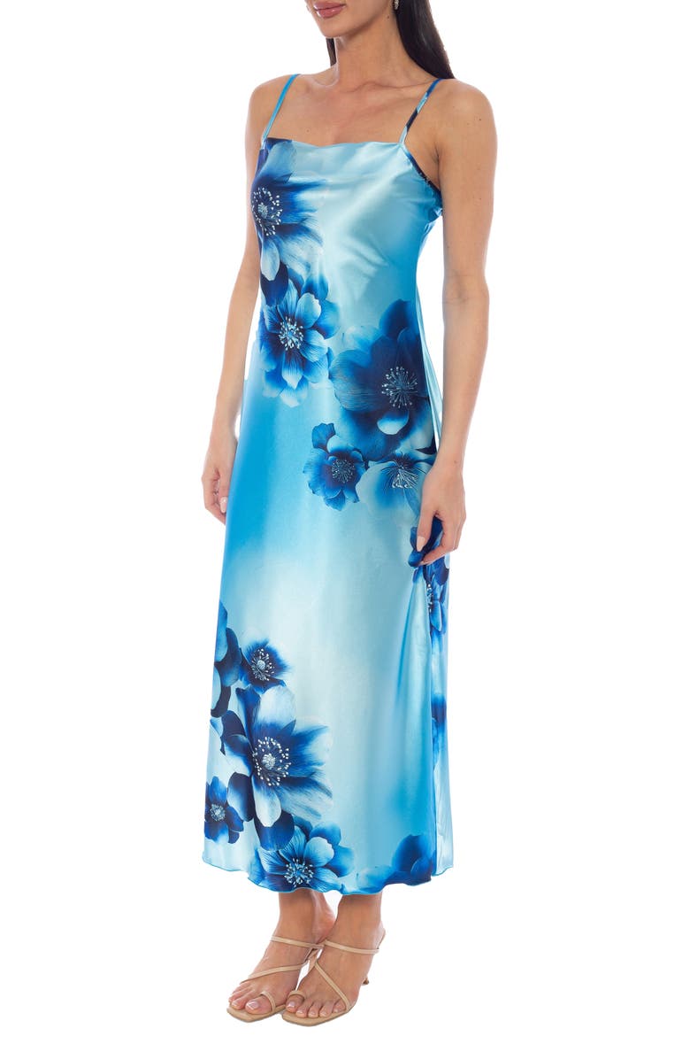 bebe Cowl Neck Satin Slipdress, Alternate, color, Royal