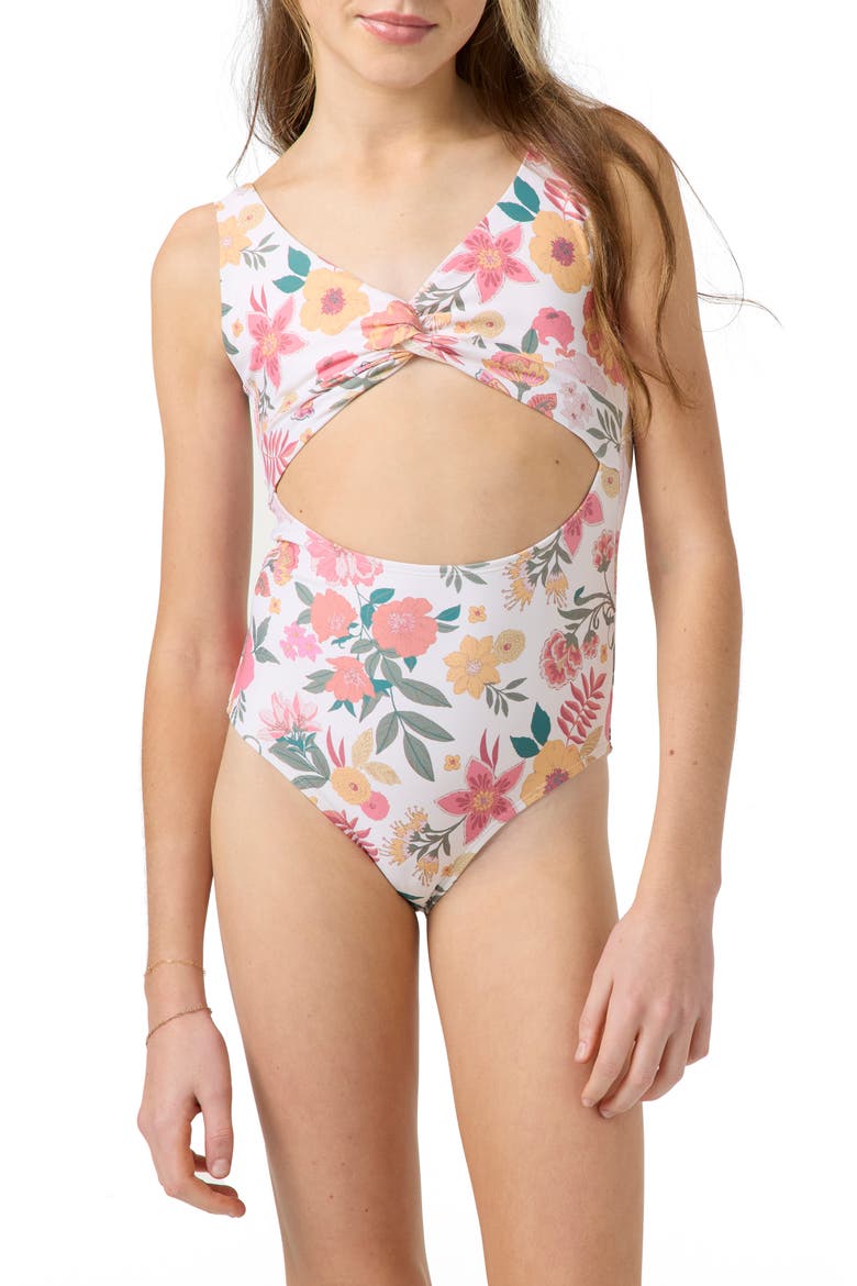 Camellia Floral Twist Cutout One-Piece Swimsuit, Main, color, VANILLA