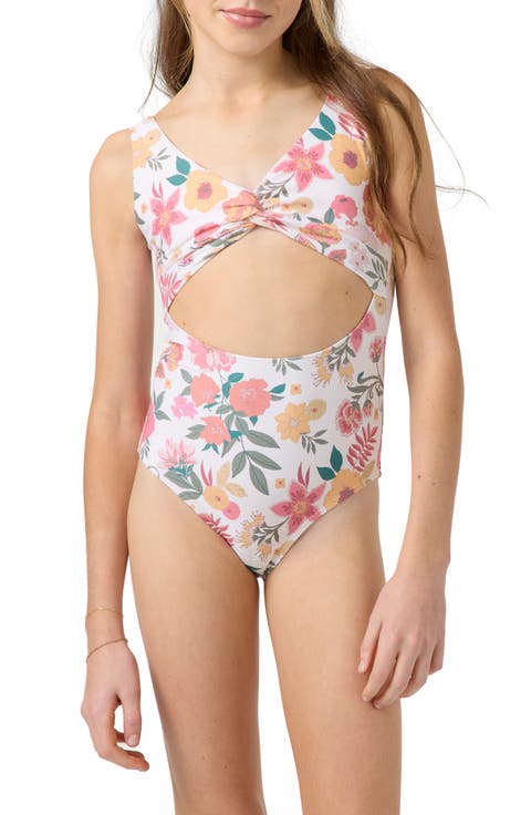 Camellia Floral Twist Cutout One-Piece Swimsuit (Big Kid)