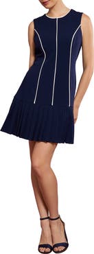 London Times Contrast Piped Pleated Dress