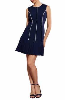 London Times Contrast Piped Pleated Dress