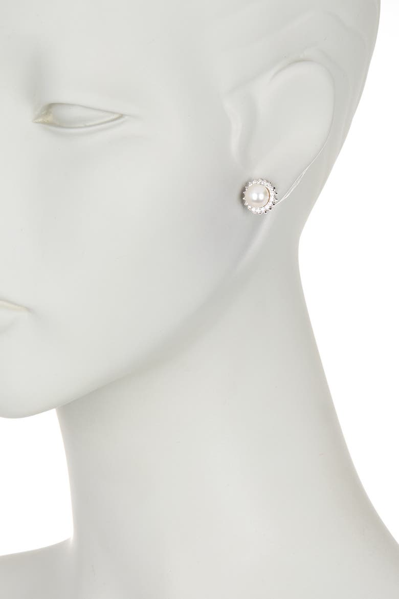 Halo CZ & 8-8.5mm Cultured Freshwater Pearl Stud Earrings, Alternate, color, NATURAL WHITE