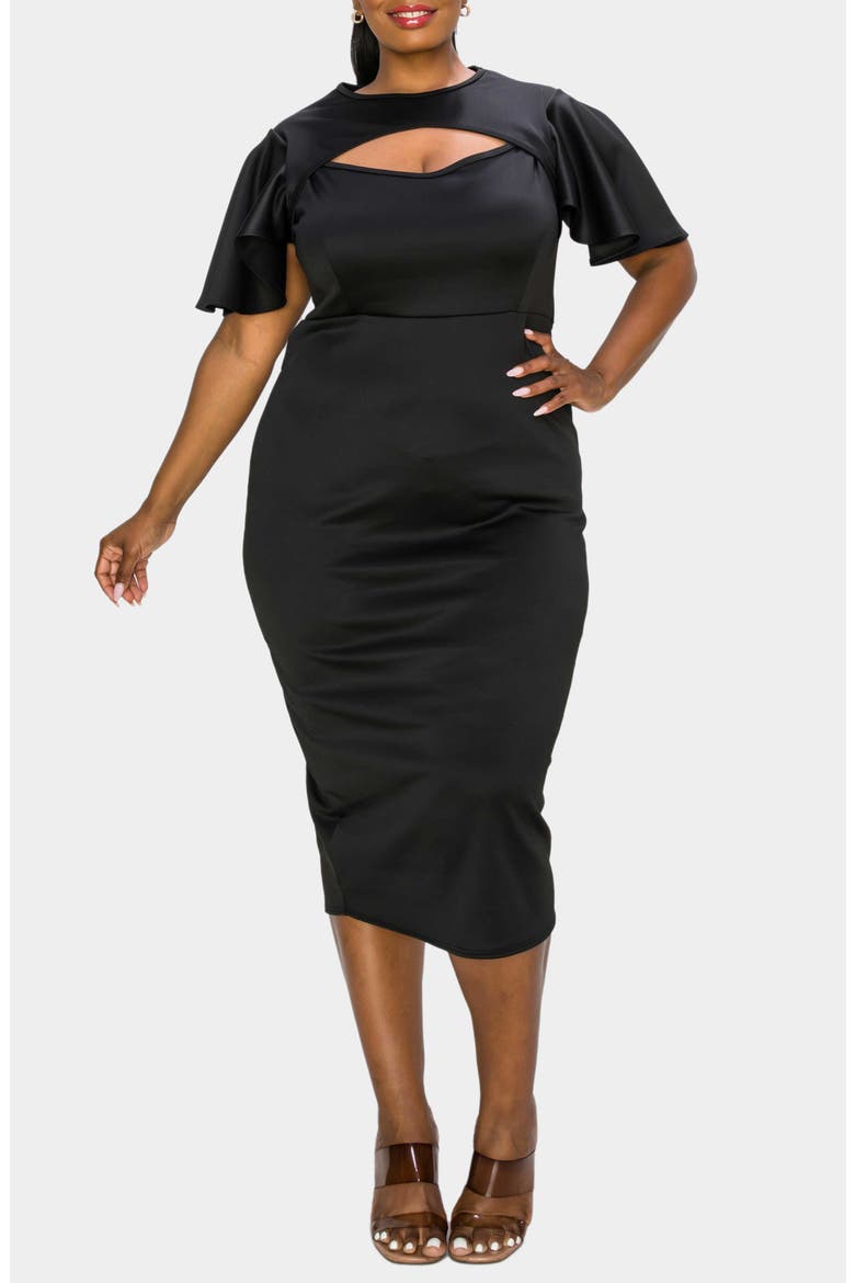 Millie Cutout Flutter Sleeve Satin Body-Con Dress, Main, color, BLACK