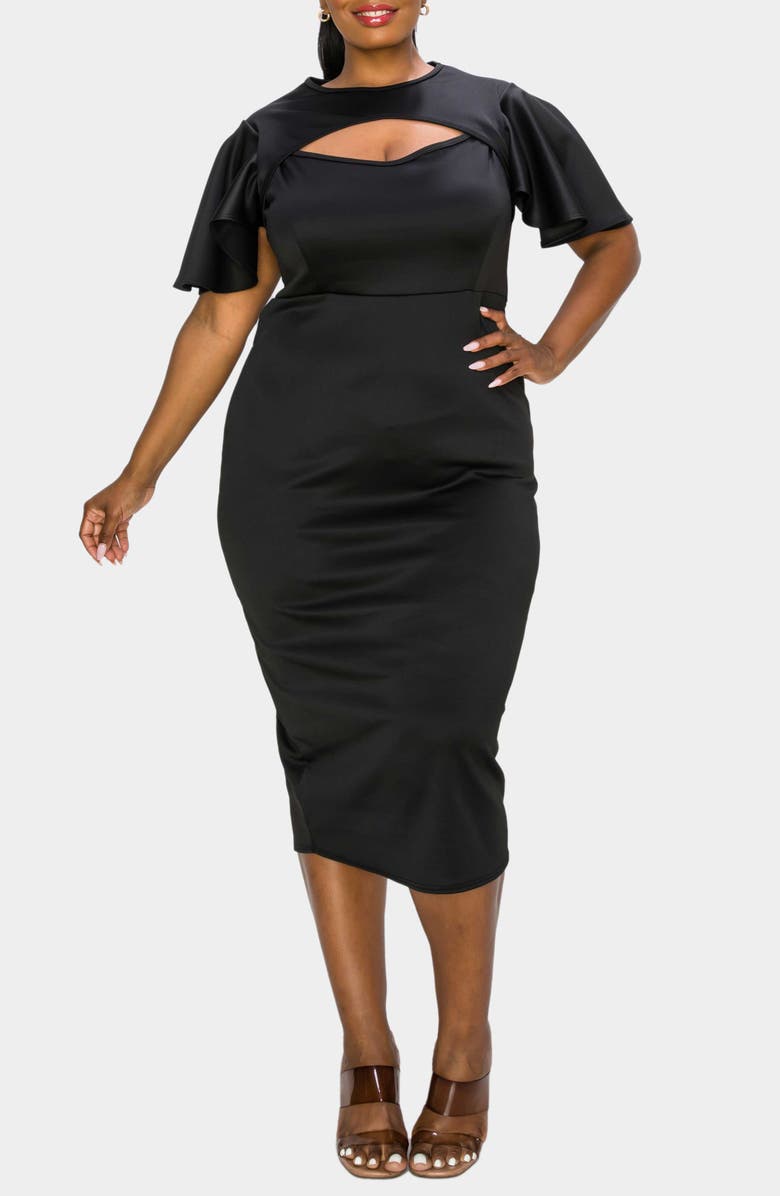L I V D Millie Cutout Flutter Sleeve Satin Body-Con Dress, Main, color, Black