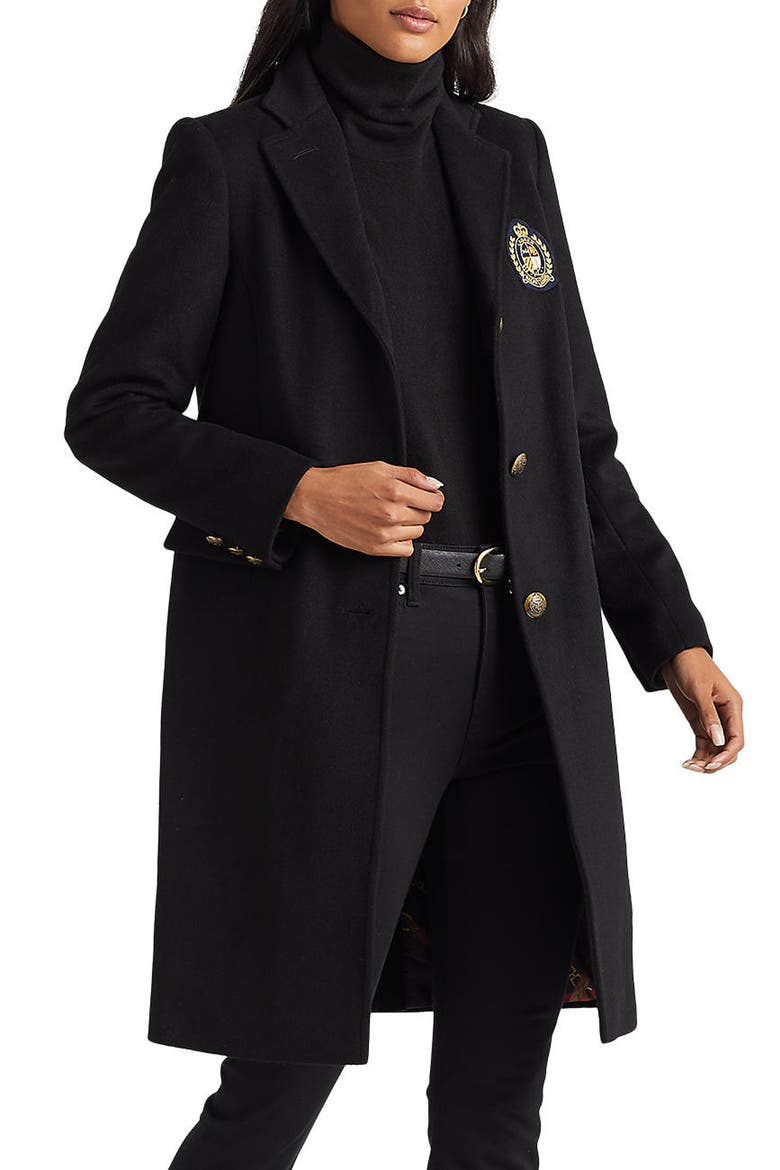Crest Patch Wool Blend Reefer Coat, Main, color, BLACK