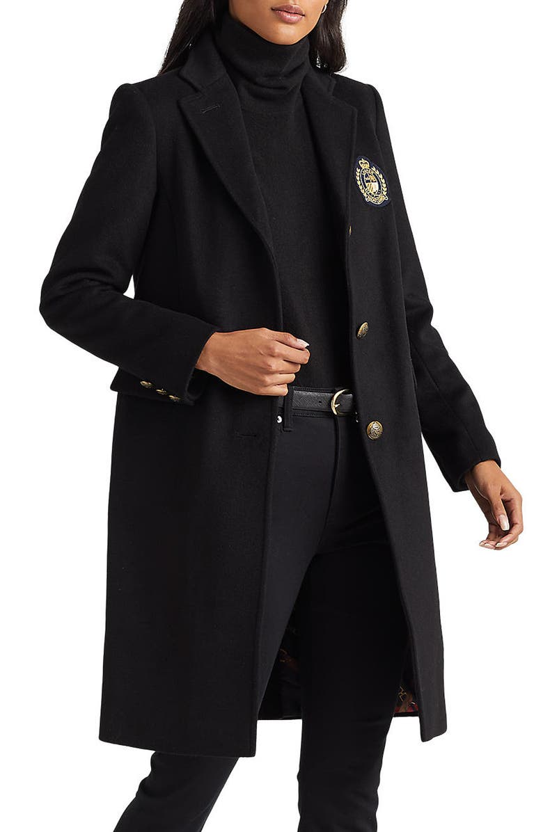 Lauren Ralph Lauren Crest Patch Wool Blend Reefer Coat, Main, color, Black
