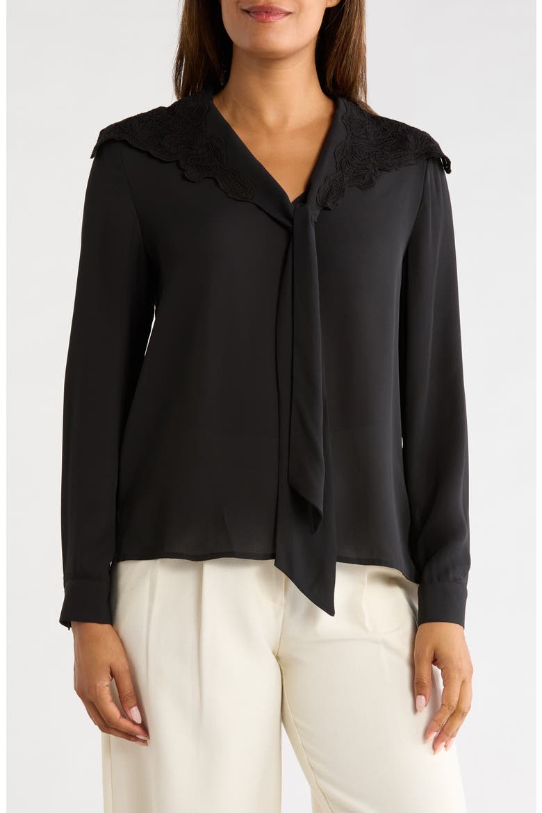 Lace Collar Tie Neck Top, Main, color, BLACK