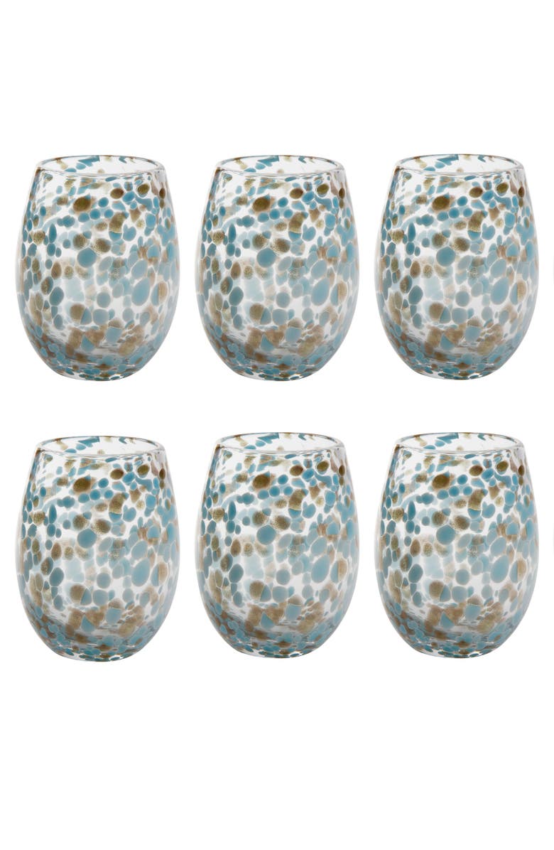 tag Aqua Blue Confetti Glass Stemless Drinkware Set of 6, Main, color, Blue