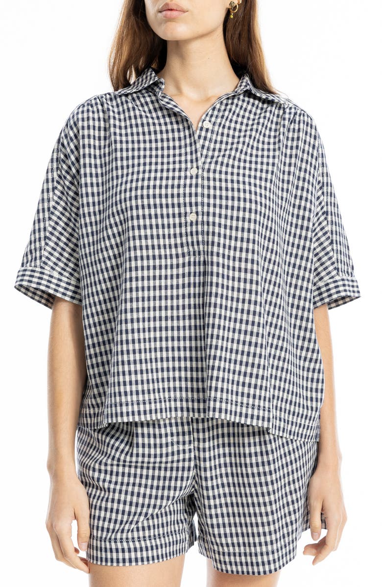 MAX STUDIO Gingham Elbow Sleeve Top, Main, color, Navy/ White Check