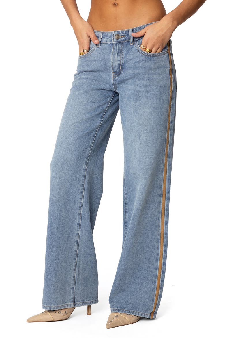Faux Suede Stripe Low Rise Wide Leg Jeans, Alternate, color, BLUE