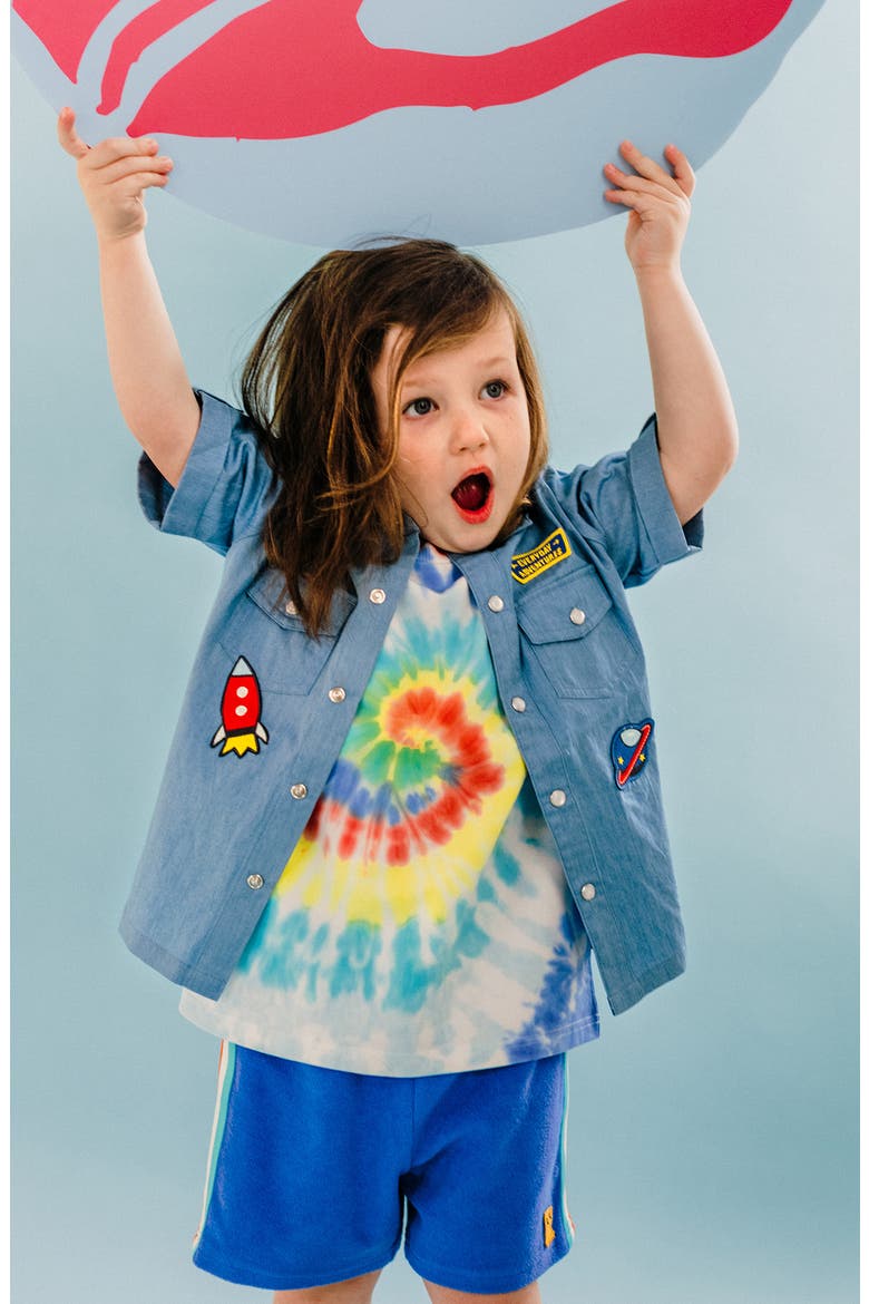 Kids' Space Appliqué Short Sleeve Cotton Chambray Snap-Up Shirt, Alternate, color, LIGHT BLUE