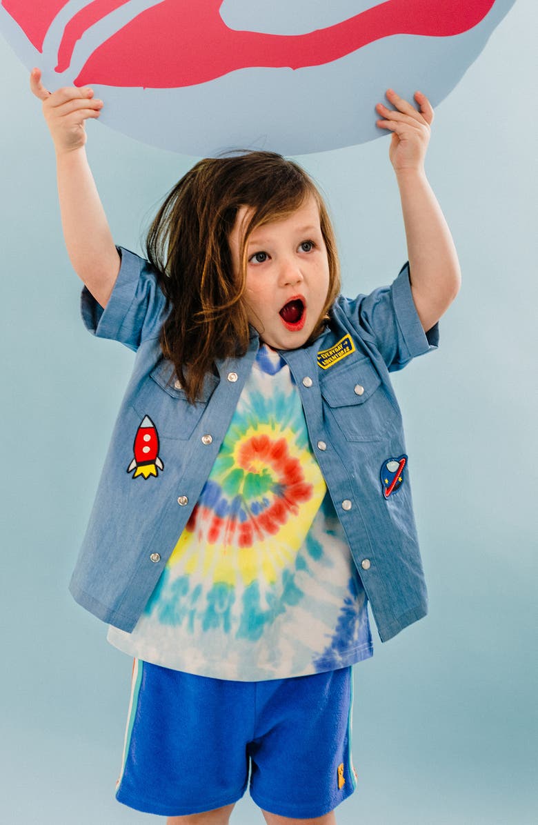 Rock Your Kid Kids' Space Appliqué Short Sleeve Cotton Chambray Snap-Up Shirt, Alternate, color, Light Blue