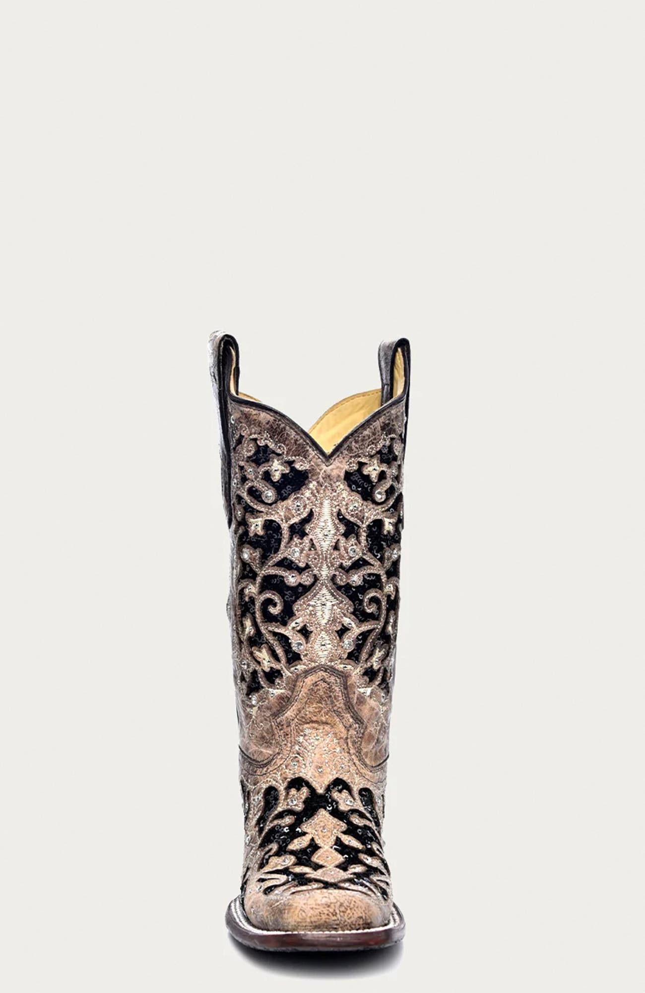 Cowhide Crystal Accent Studded Floral Detail Square Toe Western Boots, Alternate, color, Brown