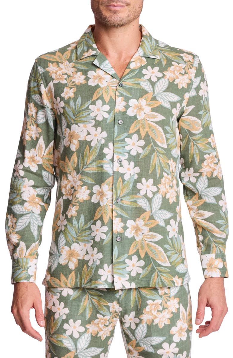 PAISLEY & GRAY Parker Trim Fit Linen Blend Camp Shirt, Main, color, Emerald Floral