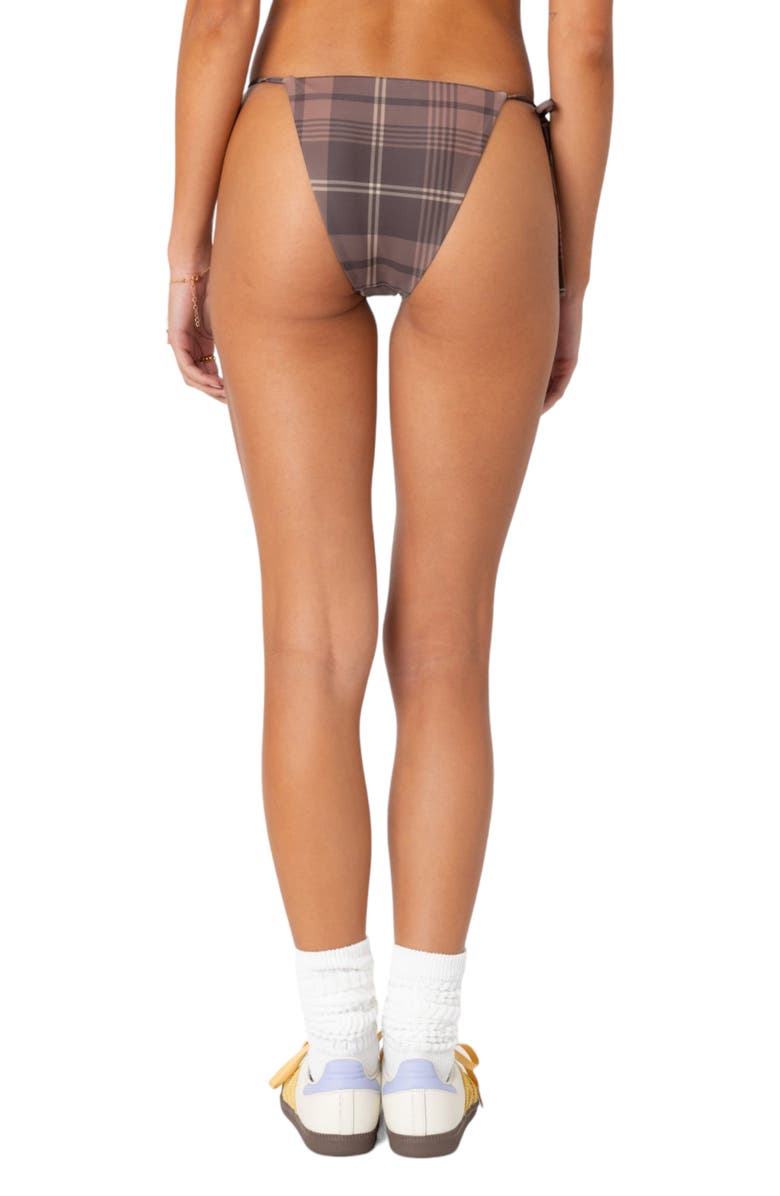 EDIKTED Wilhelmina Plaid Side Tie Bikini Bottoms, Alternate, color, Brown