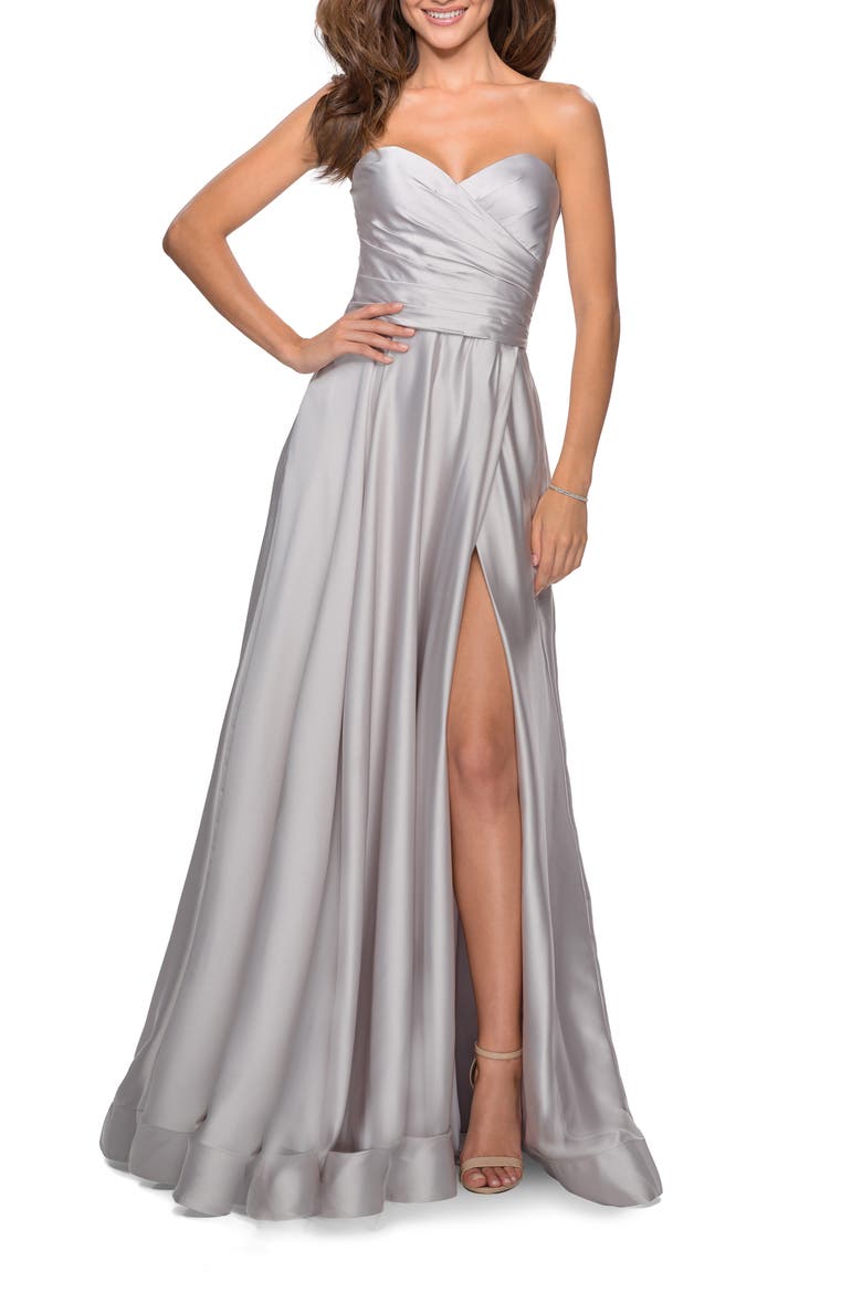 Strapless Satin Gown with Pleated Bodice and Slit, Main, color, SILVER