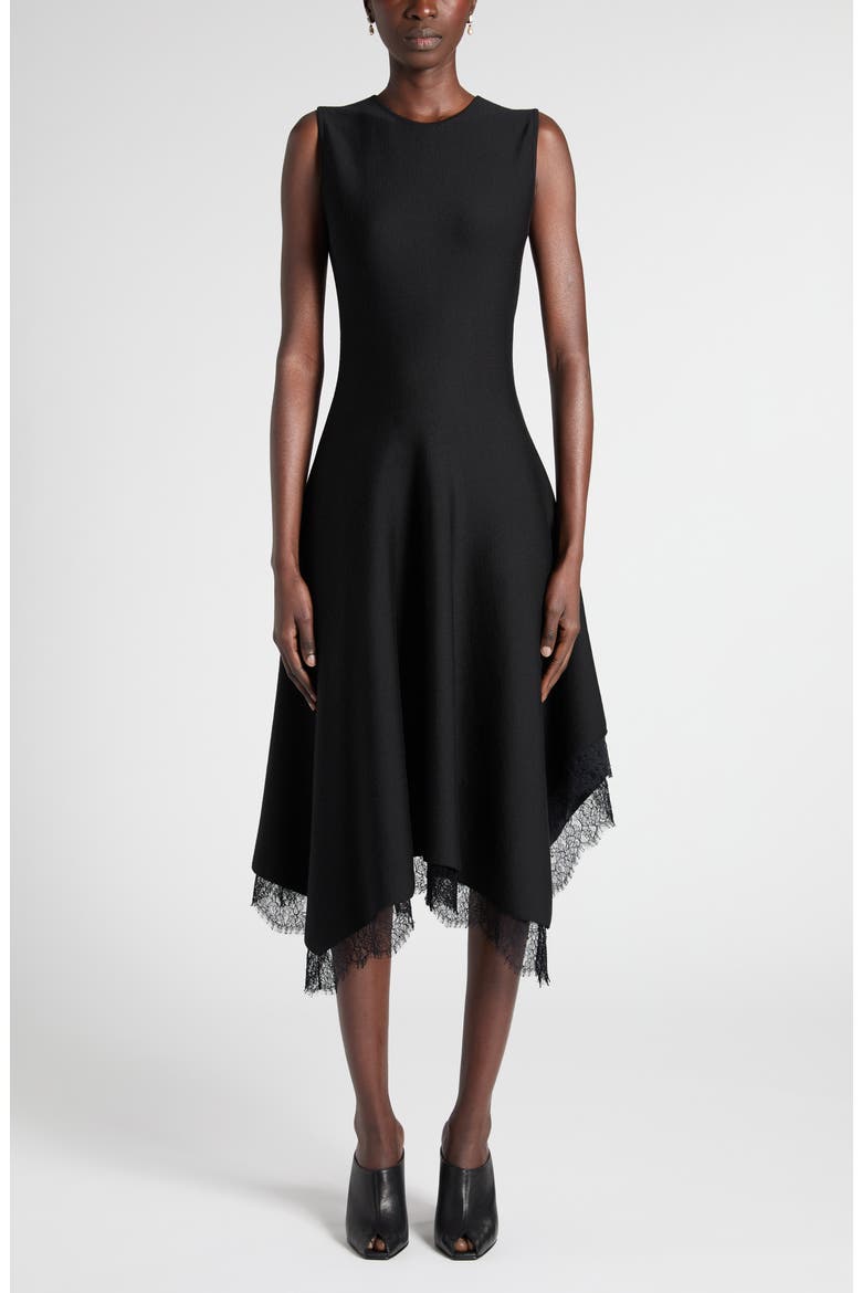 Lace Detail Asymmetric Dress, Main, color, BLACK