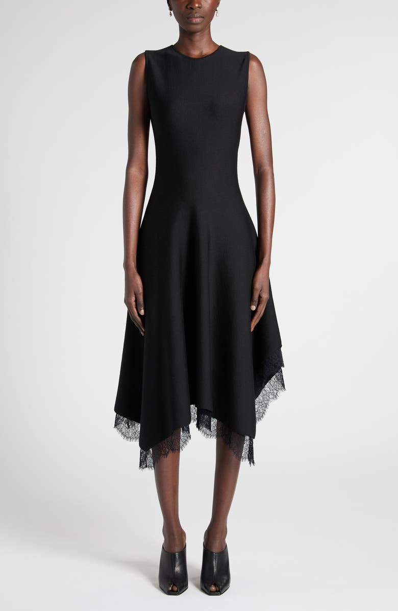 McQueen Lace Detail Asymmetric Dress, Main, color, Black