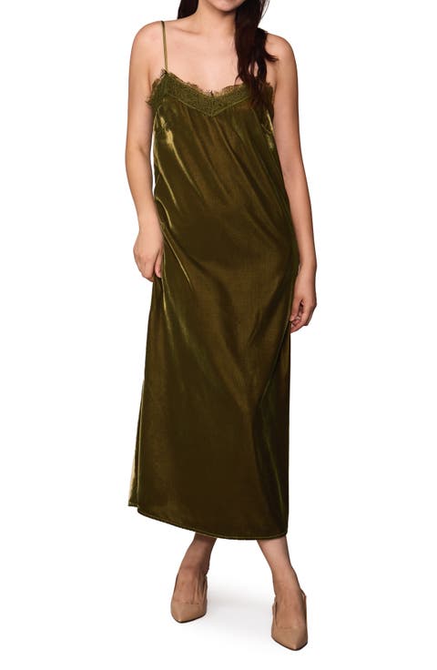 Lace Trim Velvet Midi Slipdress
