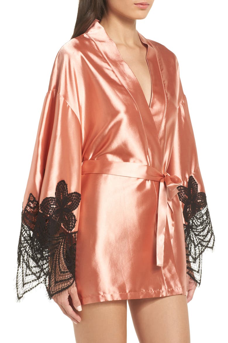 Drama Lace Trim Satin Robe, Alternate, color, CAMEO BROWN/ BLACK