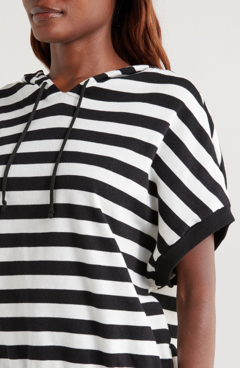 Vince Camuto Stripe Short Sleeve Hooded Sweater, Alternate, color, Rich Black/ White