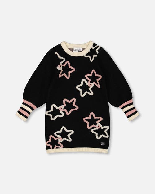 Deux Par Deux Long Sleeve Knit Dress With Stars In Black