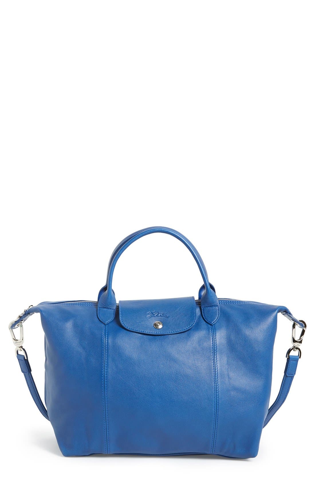Medium 'Le Pliage Cuir' Leather Top Handle Tote, Main, color, BLUE