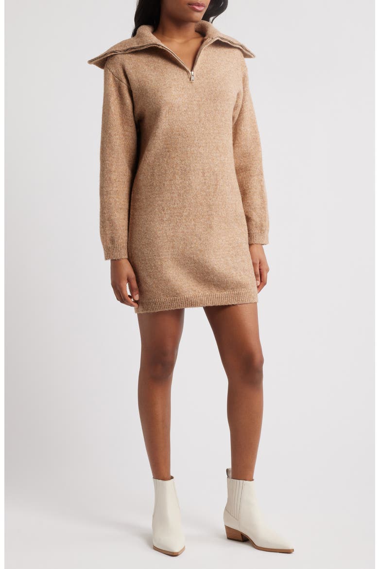 Zip Collar Long Sleeve Mini Sweater Dress, Main, color, MARLED TAUPE