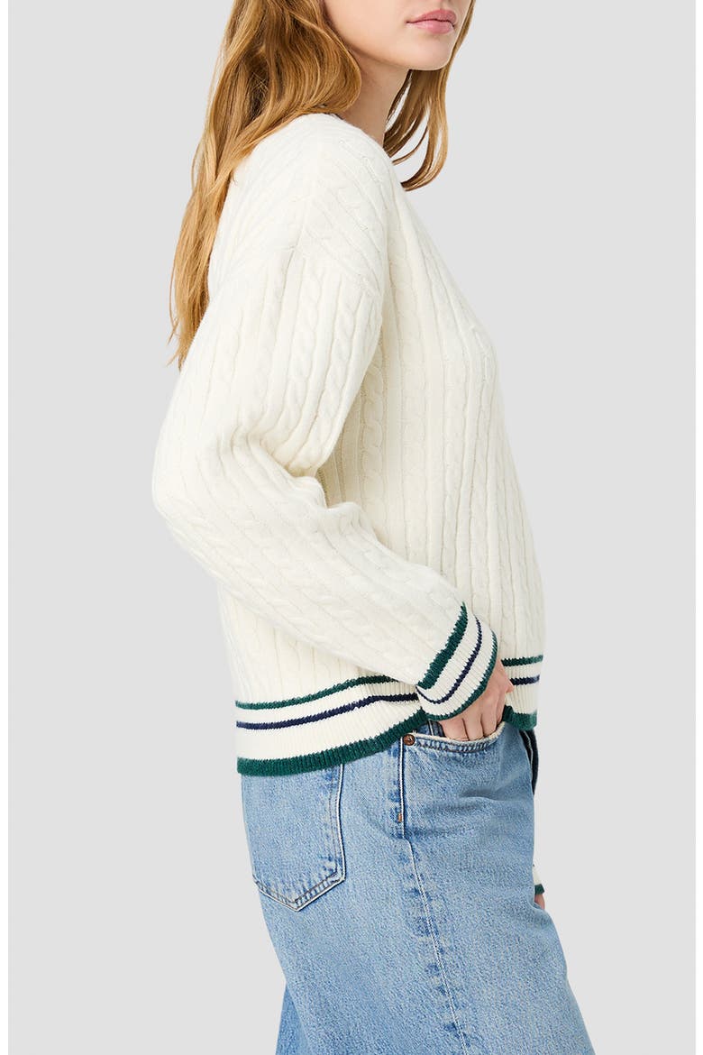 Aleyna Striped V-Neck Cable Sweater, Alternate, color, PORCELAIN CREAM/ TEAL/ MARINE
