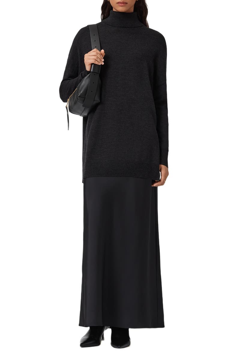AllSaints Juno Long Sleeve 2-in-1 Sweater & Slipdress, Main, color, Shadow Black