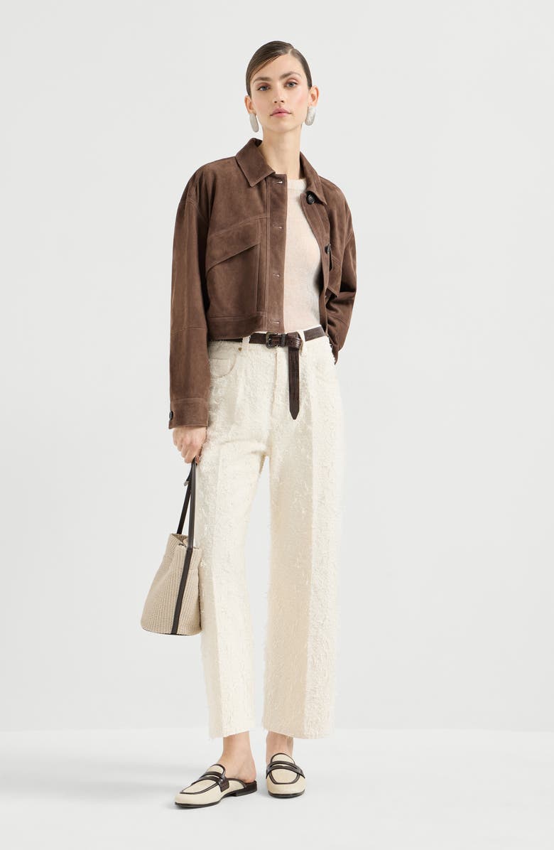 Brunello Cucinelli Couture suede cropped outerwear jacket, Alternate, color, Brown