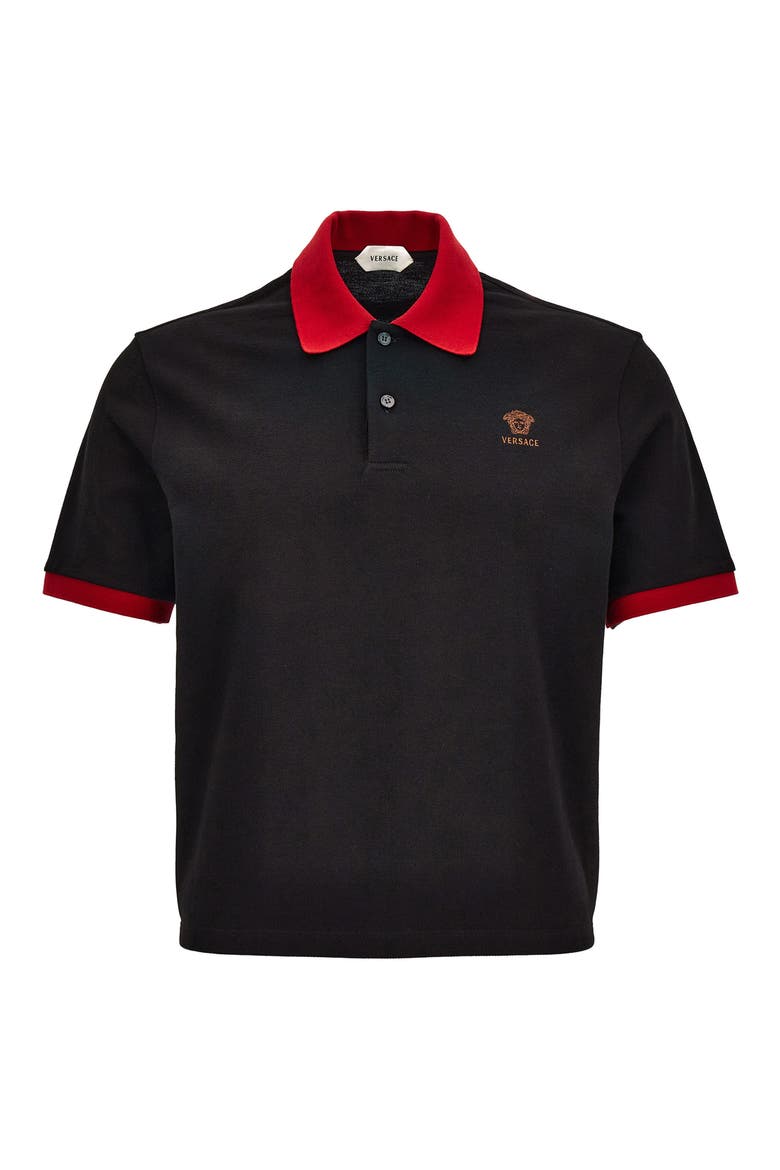 Embroidered Medusa Cotton Piqué Polo, Alternate, color, BLACK LIPSTICK RED